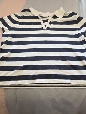 Women's Villager Liz Claiborne Navy & White Striped Polo Top
